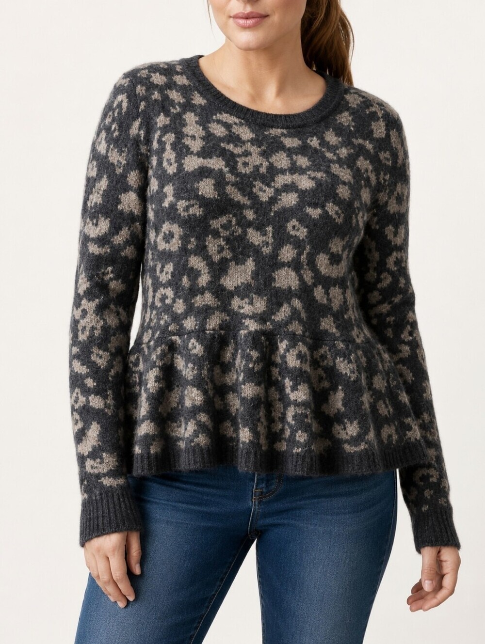 Sea New York Alpaca Wool Blend Leopard Knit Sweater Charcoal Taupe Cozy Luxe M